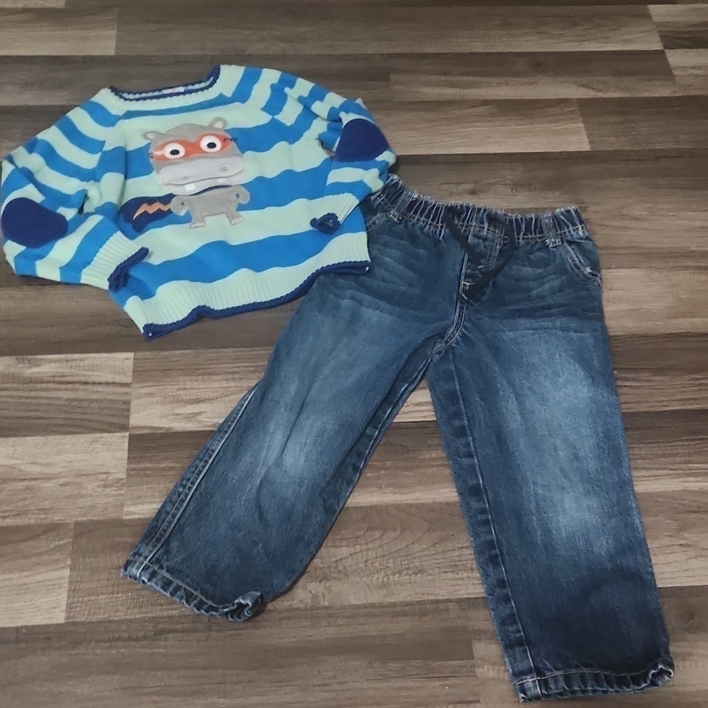 Gymboree 2PC set Vintage Size 3T Super Hippo Vintage Sweater Paired with Jeans